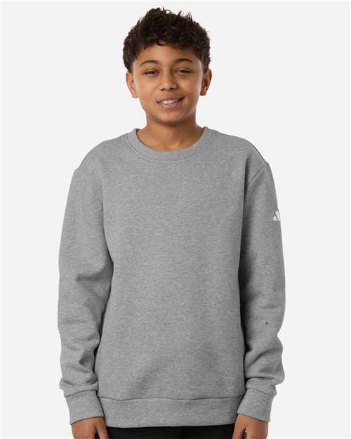 adidas AT202 Youth Fleece Crewneck Sweatshirt - Medium Grey Heather/ White - OnModelFront