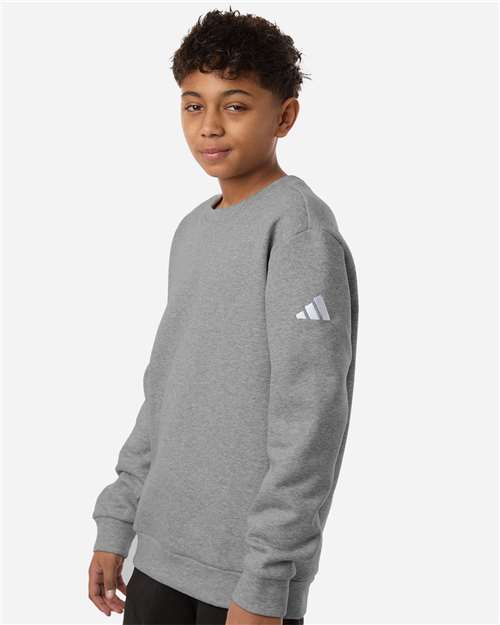 adidas AT202 Youth Fleece Crewneck Sweatshirt - Medium Grey Heather/ White - OnModelSide