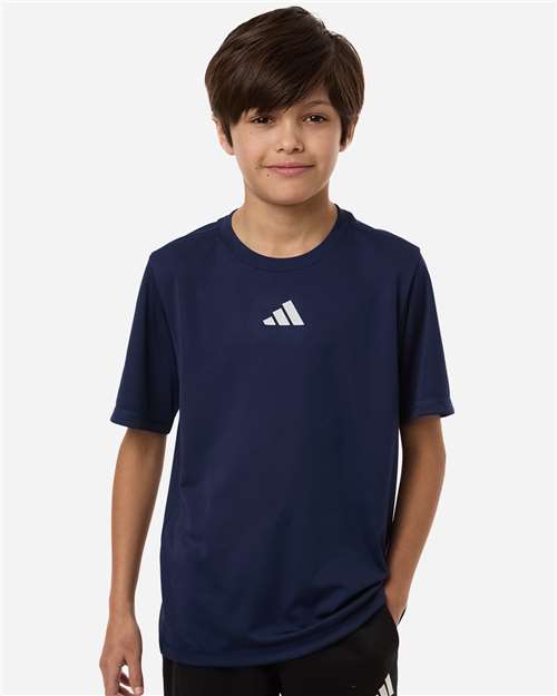 adidas AT103 Youth Pregame T-Shirt - Collegiate Navy - OnModelFront