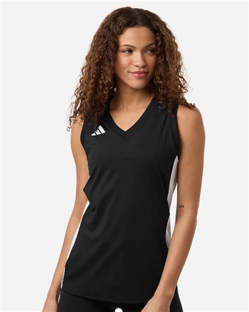 adidas AT120 Women's Quickset V-Neck Sleeveless Jersey - Black/ White - OnModelFront