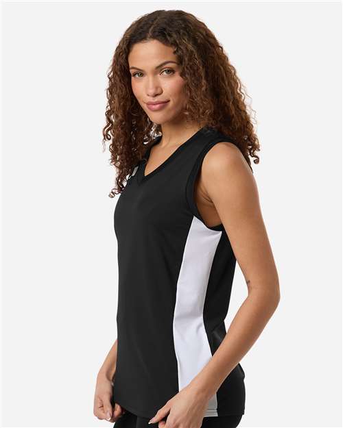 adidas AT120 Women's Quickset V-Neck Sleeveless Jersey - Black/ White - OnModelSide