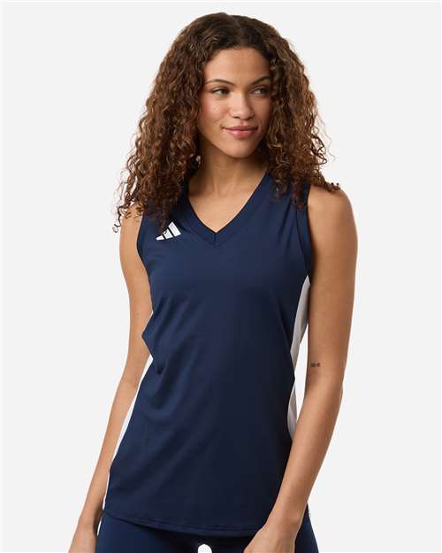adidas AT120 Women's Quickset V-Neck Sleeveless Jersey - Team Navy Blue/ White - OnModelFront