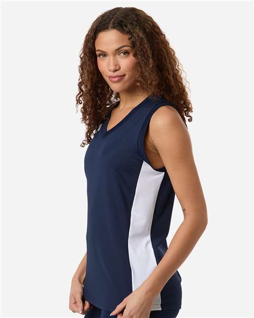 adidas AT120 Women's Quickset V-Neck Sleeveless Jersey - Team Navy Blue/ White - OnModelSide
