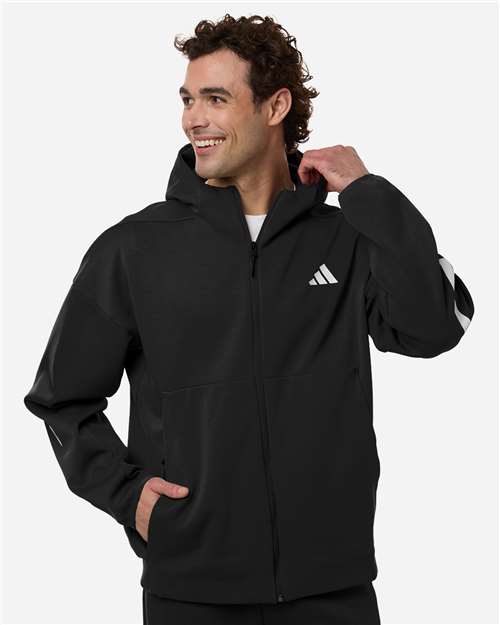 adidas AT220 Men's Z.N.E Full-Zip Hooded Sweatshirt - Black/ White - OnModelFront