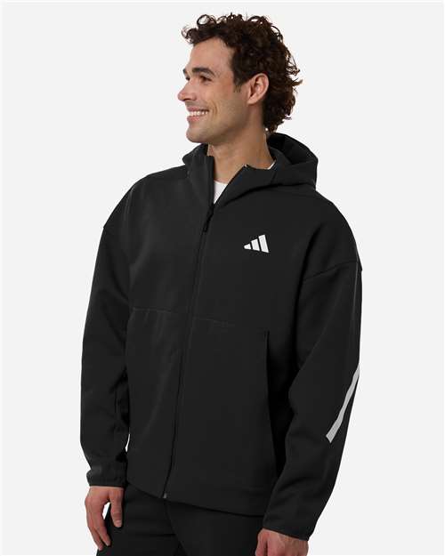 adidas AT220 Men's Z.N.E Full-Zip Hooded Sweatshirt - Black/ White - OnModelSide