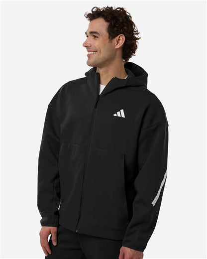 adidas AT220 Men's Z.N.E Full-Zip Hooded Sweatshirt - Black/ White - OnModelSide