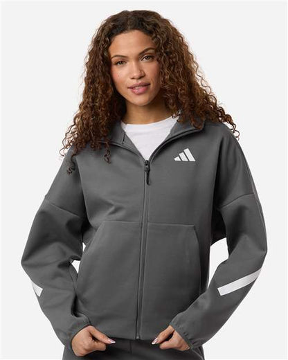 adidas AT221 Women's Z.N.E Full-Zip Hooded Sweatshirt - Team Grey Four/ White - OnModelFront