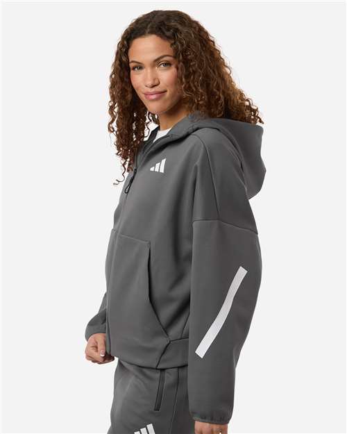 adidas AT221 Women's Z.N.E Full-Zip Hooded Sweatshirt - Team Grey Four/ White - OnModelSide