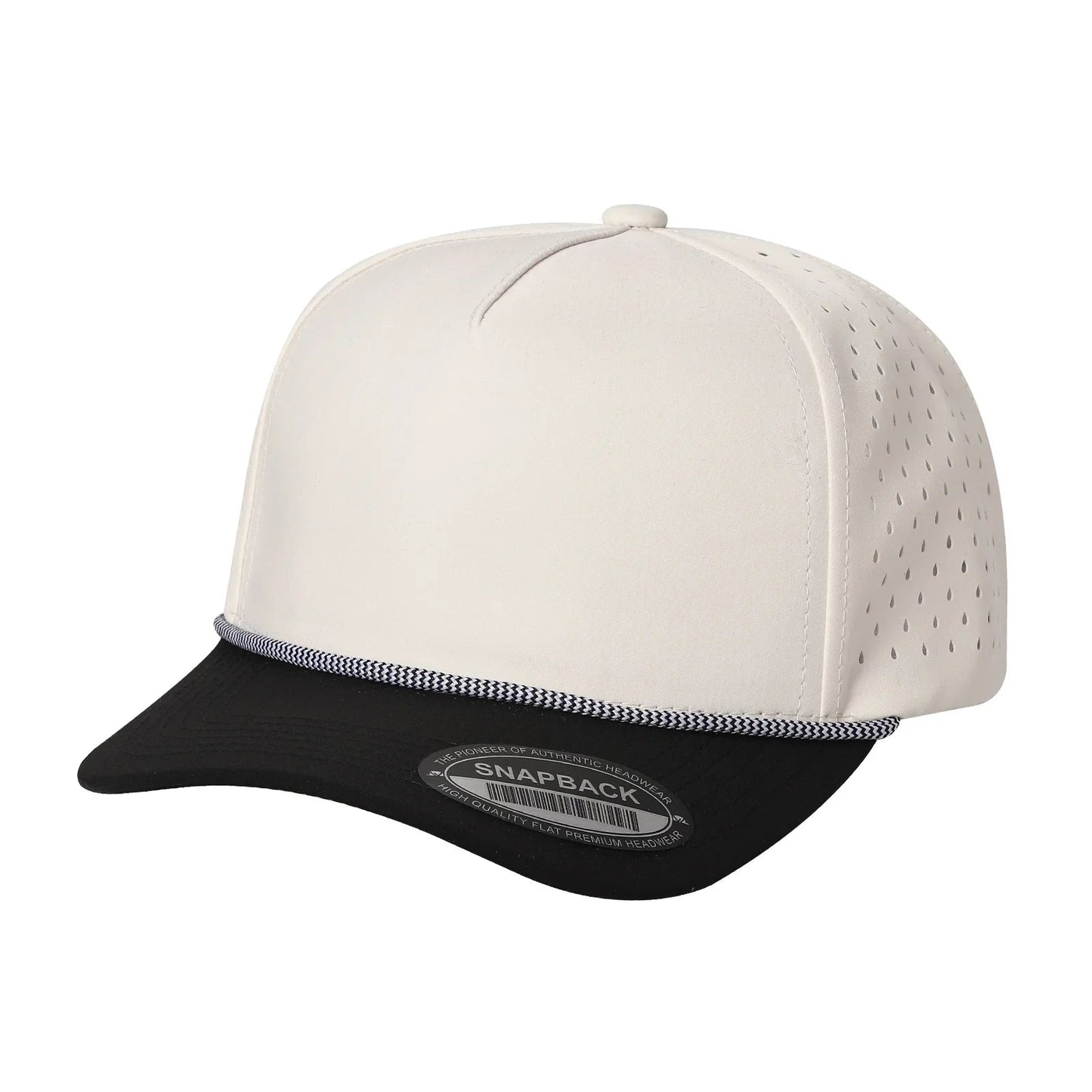 White and black snapback hat with perforated sides and a flat bill, wholesale cap