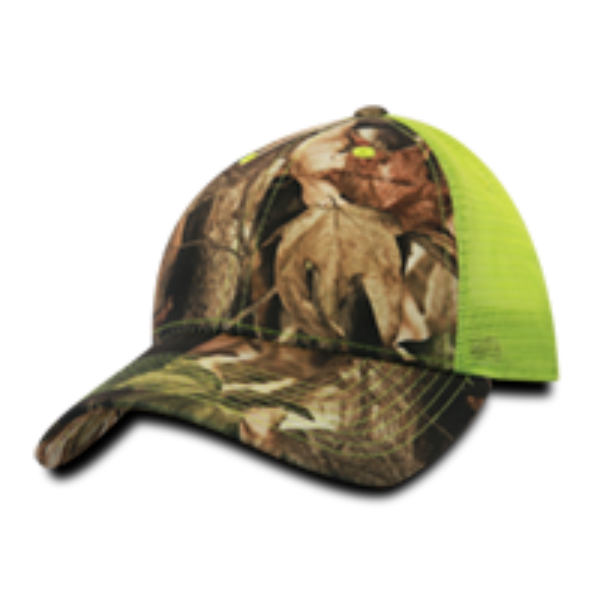 DECKY 218 - 6 Panel Low Profile Structured Camo Trucker – Adjustable Snapback Cap - Greybark/Neon yellow