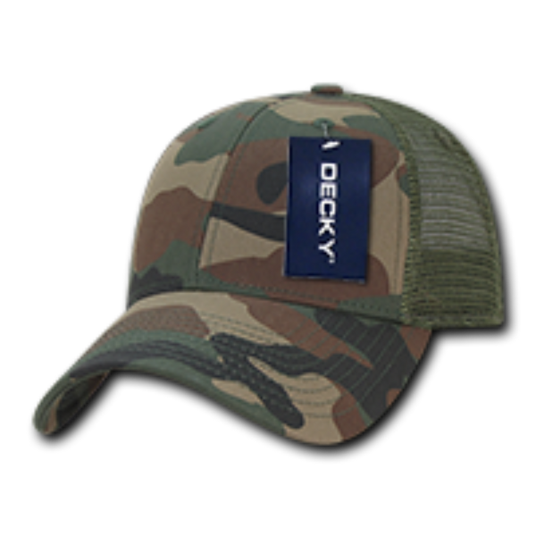 DECKY 218 - 6 Panel Low Profile Structured Camo Trucker – Adjustable Snapback Cap - Woodland
