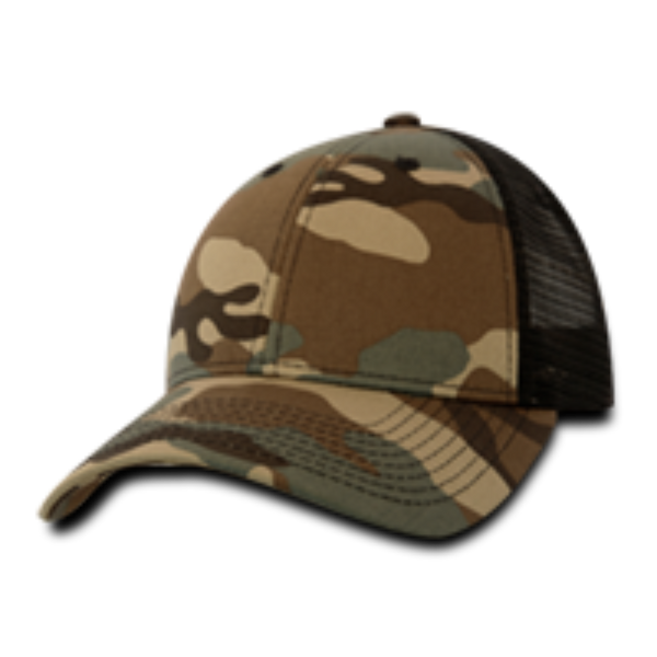 DECKY 218 - 6 Panel Low Profile Structured Camo Trucker – Adjustable Snapback Cap - Woodland/Black