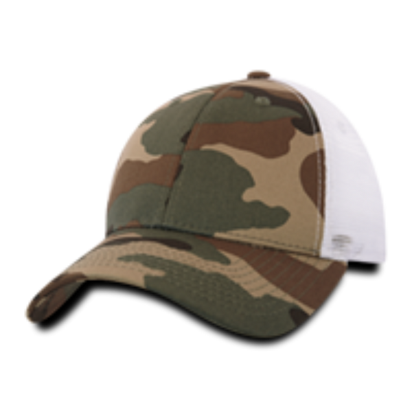 DECKY 218 - 6 Panel Low Profile Structured Camo Trucker – Adjustable Snapback Cap - Woodland/White