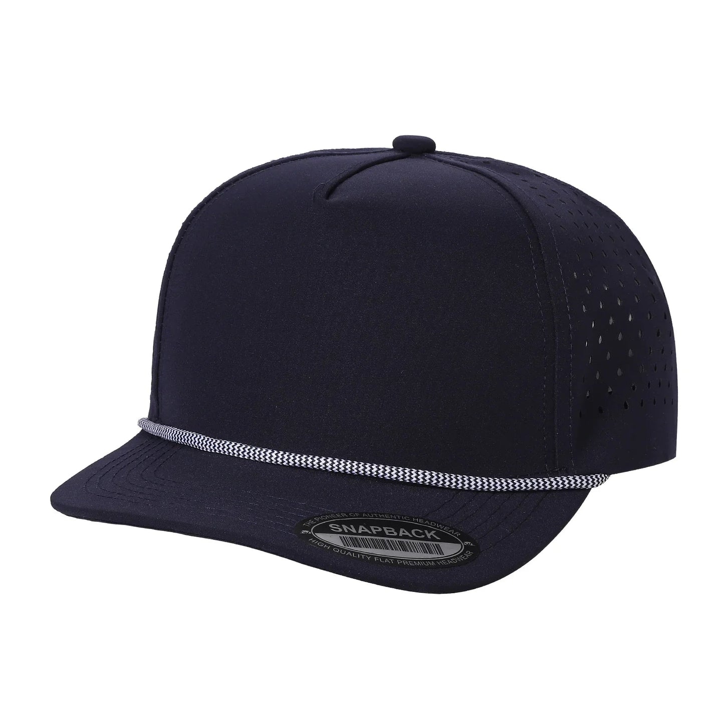 Navy blue snapback cap with perforated sides and decorative rope accent on brim