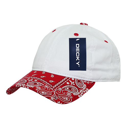 Decky-256-6 Panel Low Profile Relaxed Bandanna Bill Dad Hat - White/Red