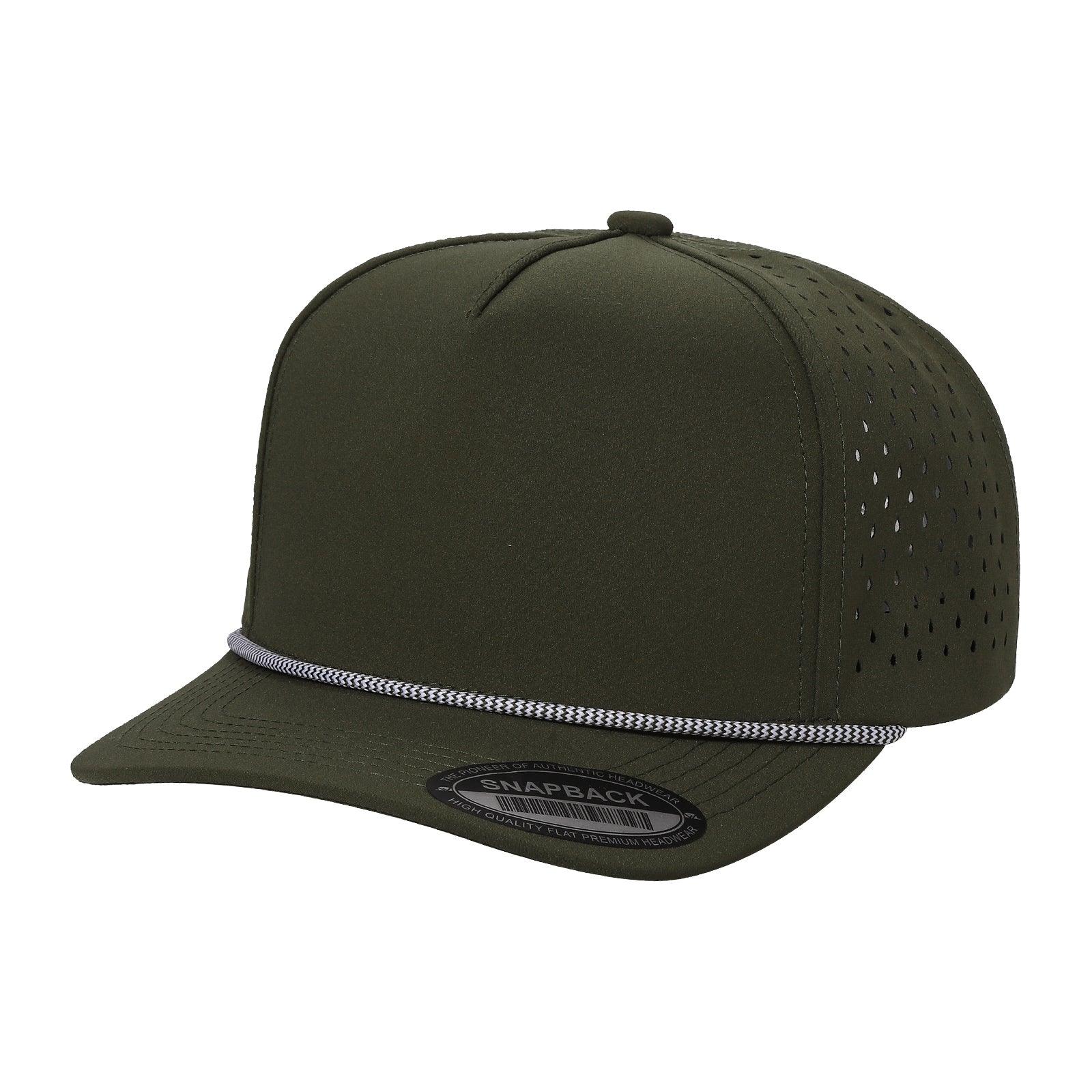 Olive green snapback flat bill cap with perforated side panels and rope detail on brim