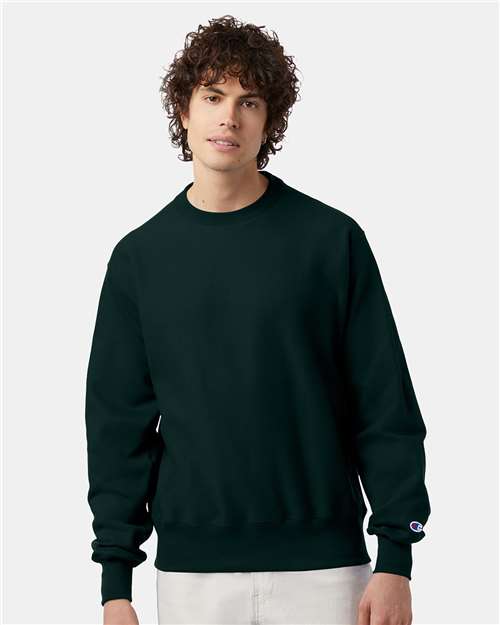 Champion S149 Unisex Reverse Weave® Crewneck Sweatshirt - Dark Green - OnModelFront