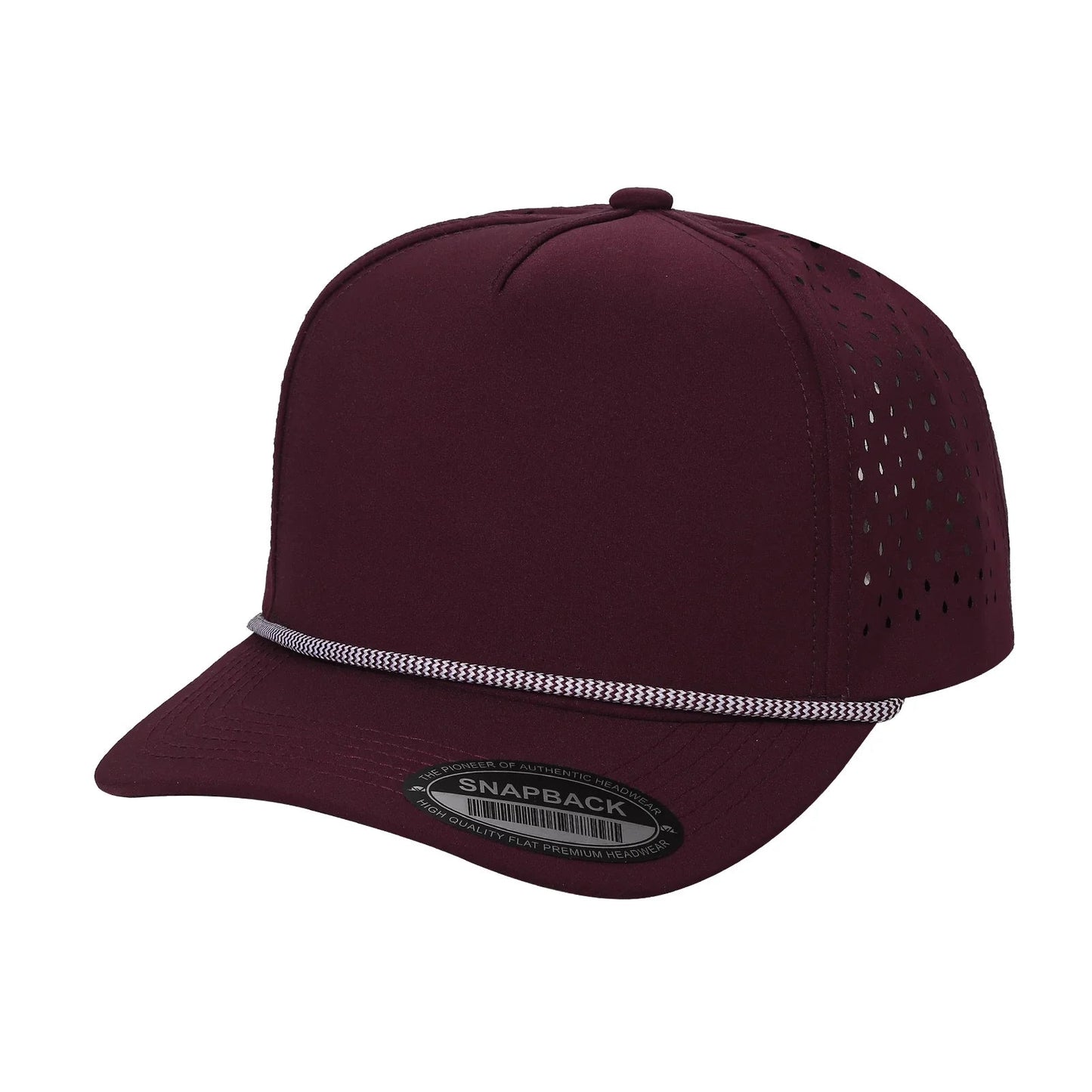 Burgundy snapback hat with perforated side panels and decorative rope across the brim