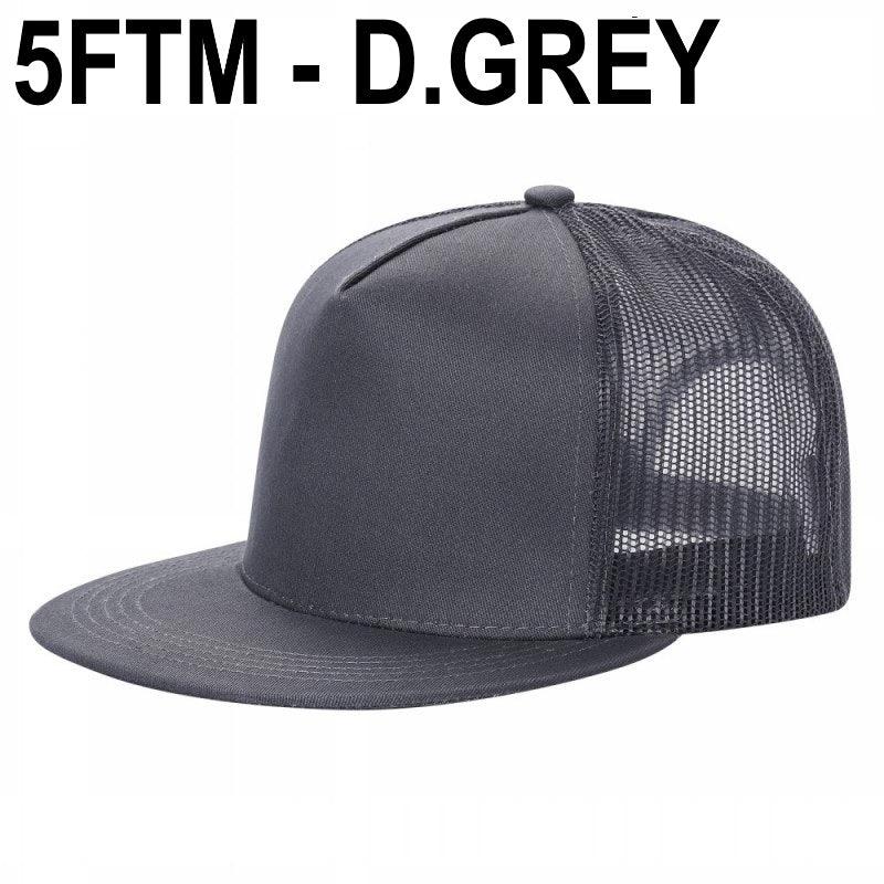 Dark grey wholesale trucker hat with mesh back and flat brim, side view on white background