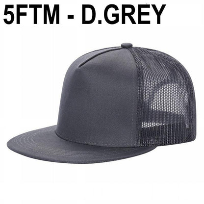 Dark grey wholesale trucker hat with mesh back and flat brim, side view on white background