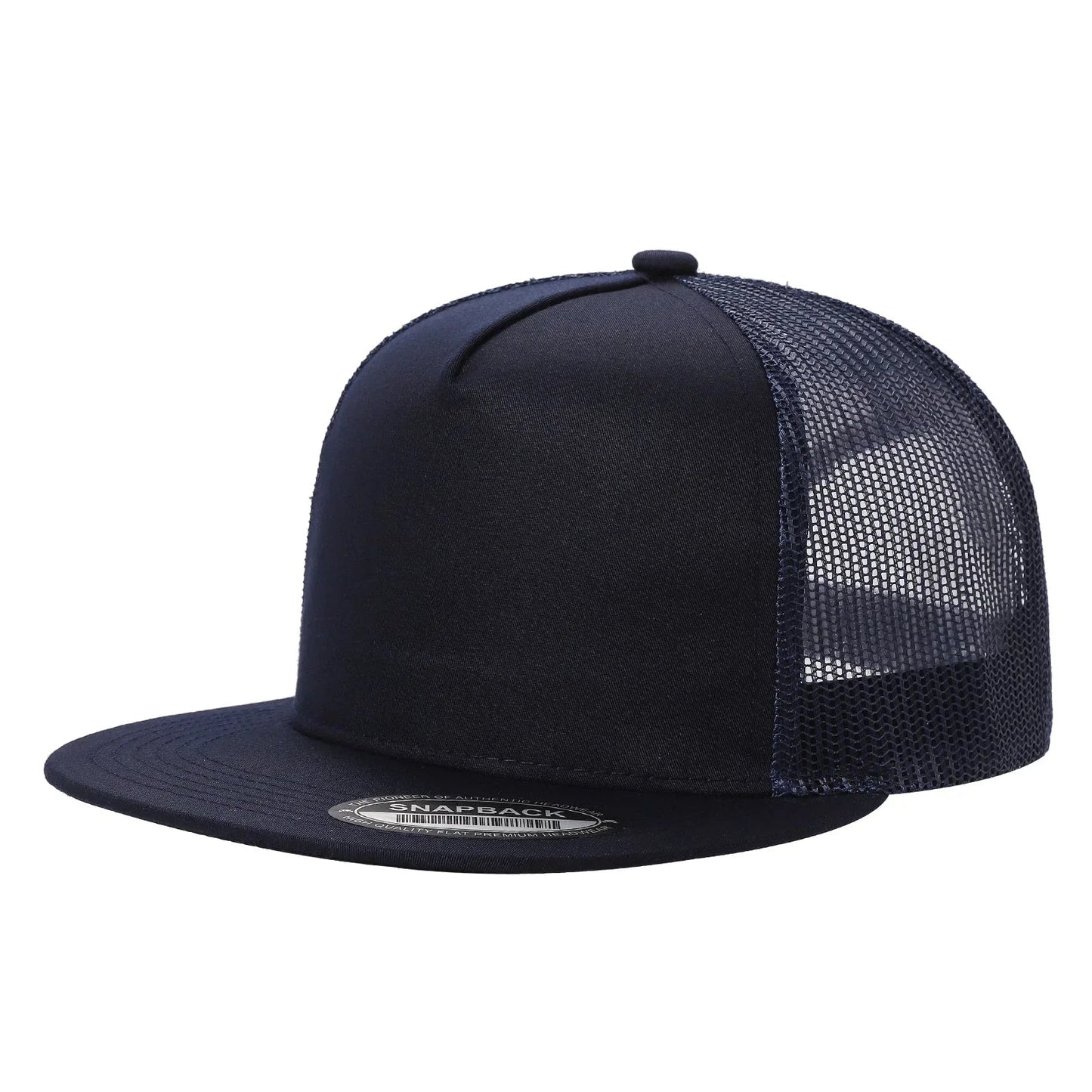 Navy blue trucker hat with mesh back and flat brim, wholesale snapback cap