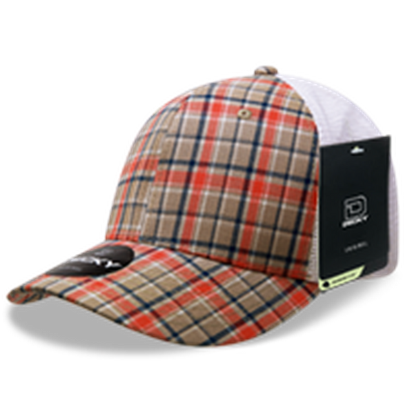 Decky 6 Panel Mid Profile Structured Plaid Trucker Hat – Adjustable Cap | 6017 - 102/White
