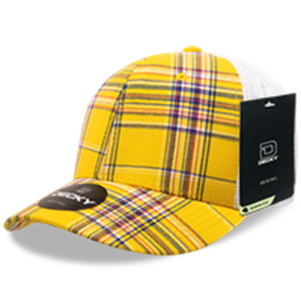 Decky 6 Panel Mid Profile Structured Plaid Trucker Hat – Adjustable Cap | 6017 - 103/White
