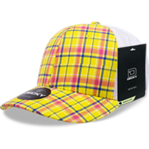 Decky 6 Panel Mid Profile Structured Plaid Trucker Hat – Adjustable Cap | 6017 - 105/White