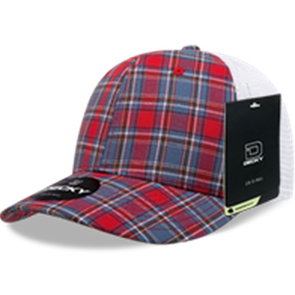 Decky 6 Panel Mid Profile Structured Plaid Trucker Hat – Adjustable Cap | 6017 - 108/White