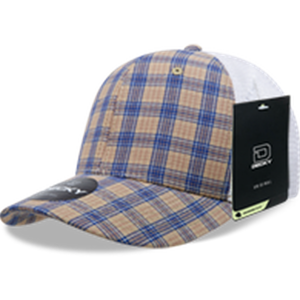 Decky 6 Panel Mid Profile Structured Plaid Trucker Hat – Adjustable Cap | 6017 - 109/White