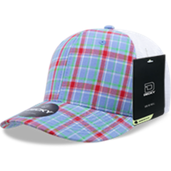 Decky 6 Panel Mid Profile Structured Plaid Trucker Hat – Adjustable Cap | 6017 - 113/White