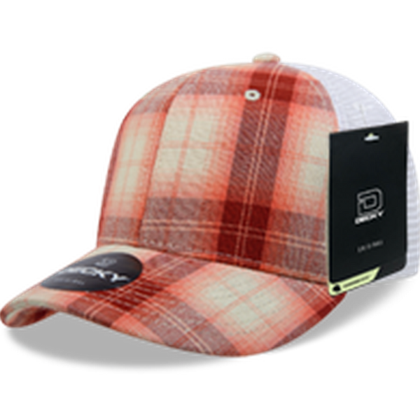 Decky 6 Panel Mid Profile Structured Plaid Trucker Hat – Adjustable Cap | 6017 - 117/White