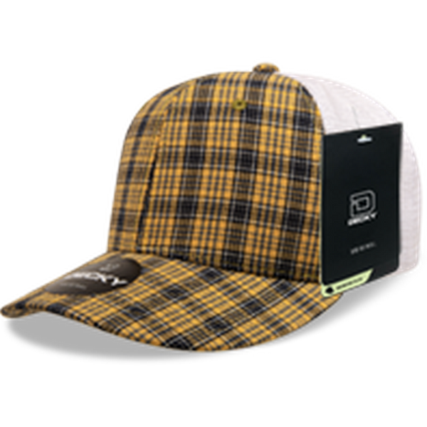 Decky 6 Panel Mid Profile Structured Plaid Trucker Hat – Adjustable Cap | 6017 - 121/White