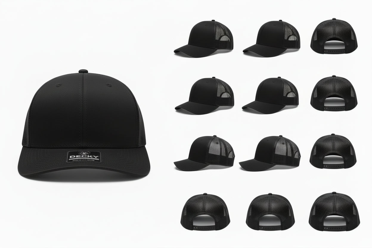 Decky 6021 Classic Trucker Hat — 6-Panel Mid-Profile Structured Mesh Snapback