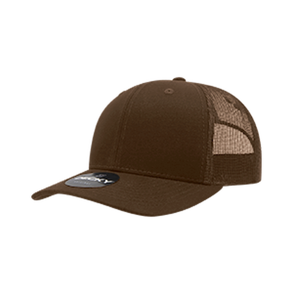 Decky 6021 trucker hat in brown - 6-panel mid-profile mesh back snapback