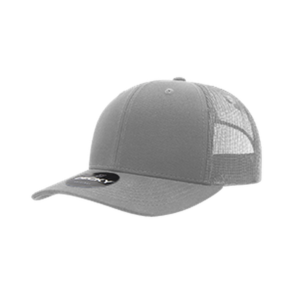 Decky 6021 grey 6-panel trucker hat with curved bill and snapback