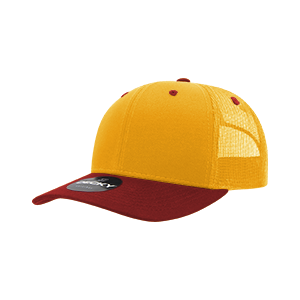 Decky 6021 Classic Trucker Hat — 6-Panel Mid-Profile Structured Mesh Snapback - Gold/Cardinal