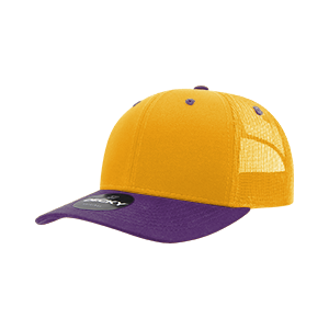 Decky 6021 Classic Trucker Hat — 6-Panel Mid-Profile Structured Mesh Snapback - Gold/Purple