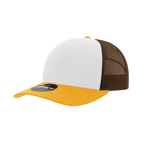 Decky 6021 Classic Trucker Hat — 6-Panel Mid-Profile Structured Mesh Snapback - Gold/White/Brown