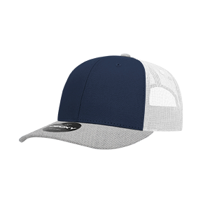 Decky 6021 Classic Trucker Hat — 6-Panel Mid-Profile Structured Mesh Snapback - HeatherGrey/Navy/White