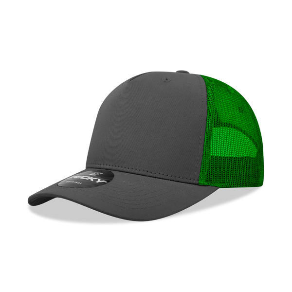 Decky-6030- 5 Panel Mid Profile Structured Cotton Blend Trucker - Charcoal/Kelly