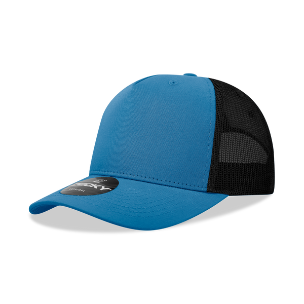Decky-6030- 5 Panel Mid Profile Structured Cotton Blend Trucker - Sky/Black