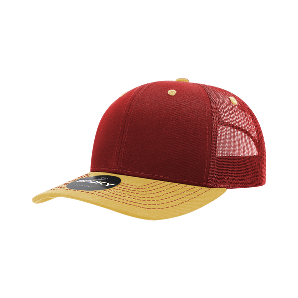 Decky-6031-6 Panel Mid Profile Structured Contra-Stitch Trucker - Cardinal/Gold