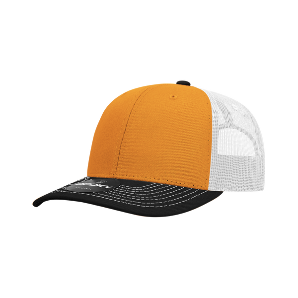 Decky-6031-6 Panel Mid Profile Structured Contra-Stitch Trucker - Black/Orange/White