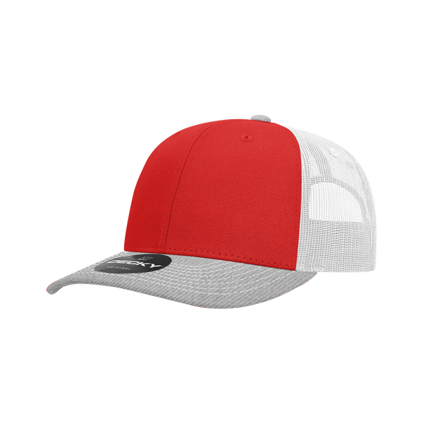 Decky-6031-6 Panel Mid Profile Structured Contra-Stitch Trucker - HEATHER/RED/WHITE
