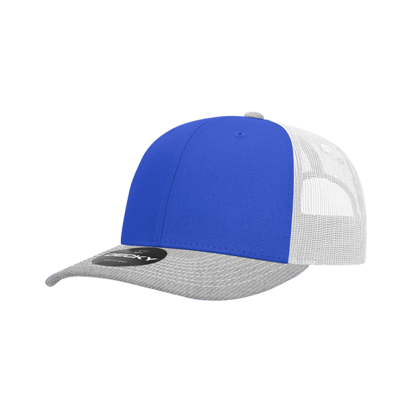 Decky-6031-6 Panel Mid Profile Structured Contra-Stitch Trucker - HeatherGrey/Royal/White