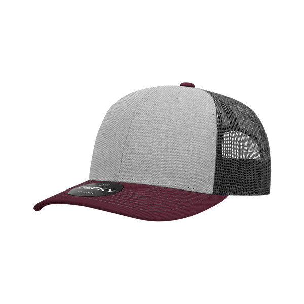Decky-6031-6 Panel Mid Profile Structured Contra-Stitch Trucker - Maroon/H.grey/Charcoal