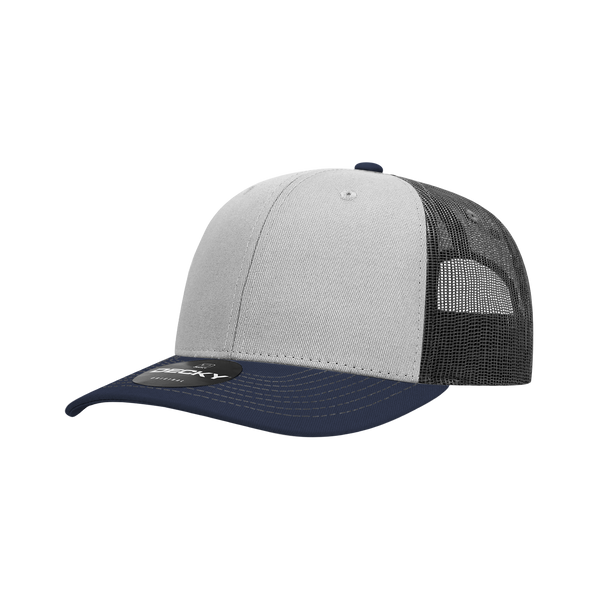 Decky-6031-6 Panel Mid Profile Structured Contra-Stitch Trucker - Navy/Grey/Charcoal
