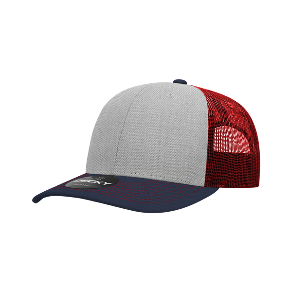 Decky-6031-6 Panel Mid Profile Structured Contra-Stitch Trucker - Navy/HeatherGrey/Cardinal