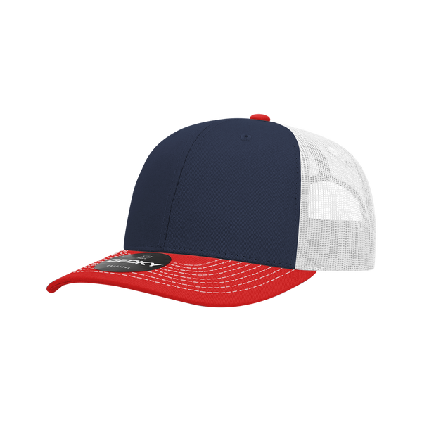 Decky-6031-6 Panel Mid Profile Structured Contra-Stitch Trucker - Red/Navy/White
